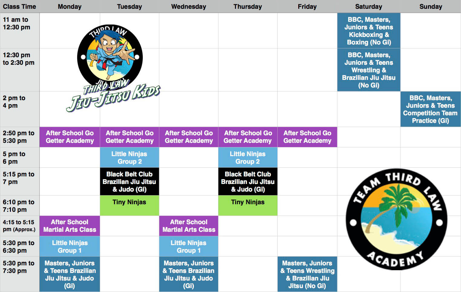 Team Third Law Kids Martial Arts Program Schedule
